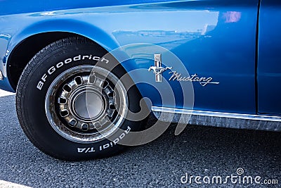 Detail of a 1968 Ford Mustang convertible classic blue pony car Editorial Stock Photo