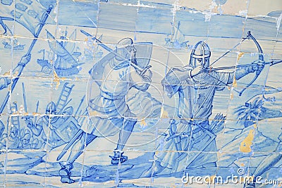 Detail of a fresco of azulejos in Portugal Editorial Stock Photo