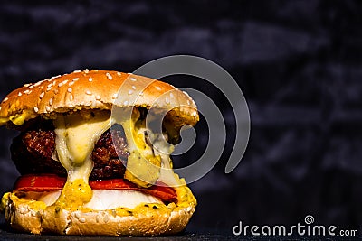 Detail of fresh tasty beef cheeseburger with melted cheese isolated on black background Editorial Stock Photo