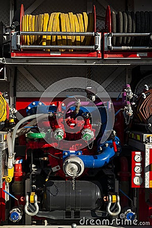 Detail of the gauges and dials on a large fire truck Stock Photo
