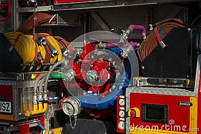 Detail of the gauges and dials on a large fire truck Stock Photo