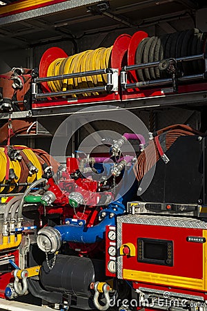 Detail of the gauges and dials on a large fire truck Stock Photo