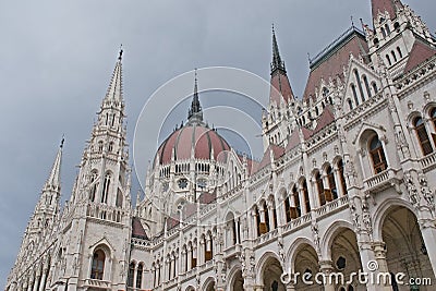 Detail of the Hungarian Parliament Building along Danube river in Budapest Editorial Stock Photo