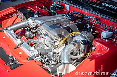 Detail of an improved gasoline engine of Nissan Silvia S13 Editorial Stock Photo