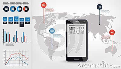 Detail infographic vector illustration. World Map and Information Graphics with touchscreen mobile phone. Vector Illustration