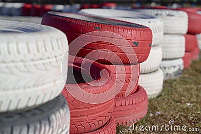 Detail of junkyard of pneumatics. Ecology Stock Photo