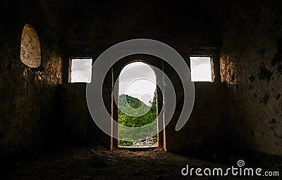 Detail of Kayakoy Chapel from inside in historcial Lycian village of Kayakoy, Fethiye, Mugla, Turkey. Ghost Town KayakÃ¶y. Stock Photo