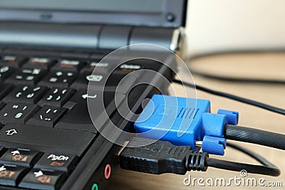 Detail of keyboard and cables in black laptop Stock Photo