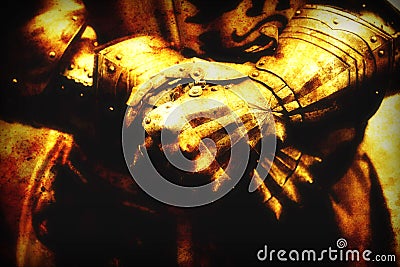 Detail knight armor. Gloves of a knight. Sepia effect. Stock Photo