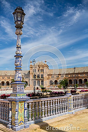 Detail of a lantern decorated with azulejos on Plaza De Espana. Stock Photo