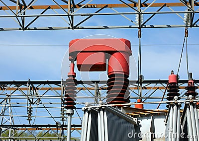 detail of the large device called automatic voltage regulatorof an electrical transformer in the power plant Stock Photo