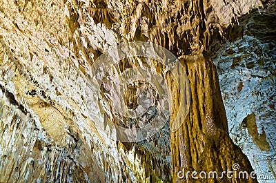 Detail of lluminated cave wall with a lot of amazing natural decorations, Homolje mountains Stock Photo