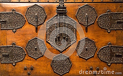 Detail of the lock old wooden Chest Stock Photo