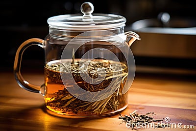 detail of loose leaf tea steeping in a clear glass teapot Stock Photo