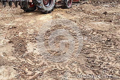 Lots tire track on dirty soil ground for abstract background Stock Photo