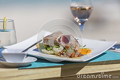 Detail lunch, dessert from Orient Bay in Saint Martin Stock Photo