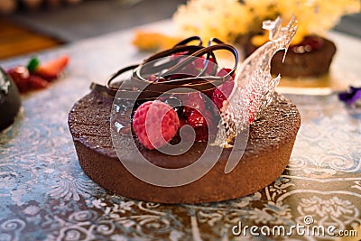 Detail of luxury oval chocolate lava cake with raspberry and strawberry decoration on top Stock Photo