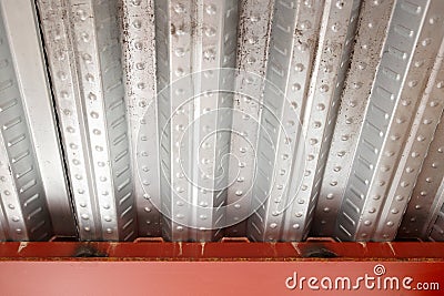 Detail of Metal decking sheet and iron beam on construction site. Floor decking for reinforced Concrete slab Stock Photo