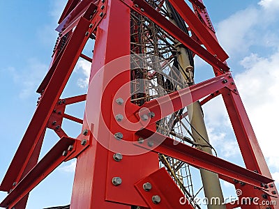 Detail of metallic structure for broadcasting and transmission of short wave signals. Telephone repeater close up. Bottom view of Stock Photo