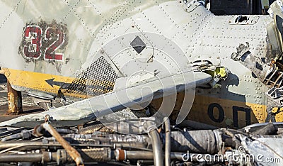 Detail of the Mi-24 helicopter. Remains of a destroyed Russian Air Force combat helicopter Hind Crocodile. Engine rotor, blades, Editorial Stock Photo