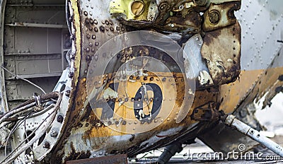 Detail of the Mi-24 helicopter. Remains of a destroyed Russian Air Force combat helicopter Hind Crocodile. Engine rotor, blades, Editorial Stock Photo