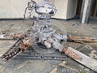 blades, tail, wreckage of a crashed military attack helicopter close-up. Detail of the Mi-24 helicopter. Remains of a destroyed Editorial Stock Photo
