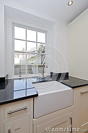 Detail of a modern kitchen unit with ceramic sink Stock Photo