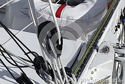 Detail of modern sailing Pulleys on racer boat Stock Photo