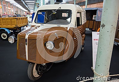 Detail of Motors and Motorcycles Factory SA Barcelona 1956 Mymsa RANA 3R 175 motorcycle van Editorial Stock Photo