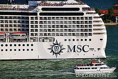 Detail of MSC cruise ship moving through San Marco canal in Venice, Italy Editorial Stock Photo