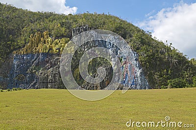 Detail of Mural de la Prehistoria commissioned by Che Guevara in the Valle de Vinales, in central Cuba Stock Photo