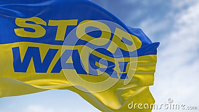 Detail of the national flag of Ukraine with the STOP WAR text waving in the wind Stock Photo