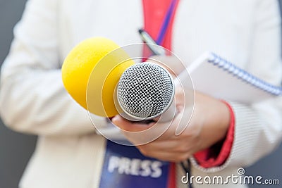 Female journalist at news conference, taking notes, holding microphone Stock Photo