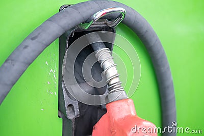 Detail of oil fuel filling nozzles at petrol pump Stock Photo