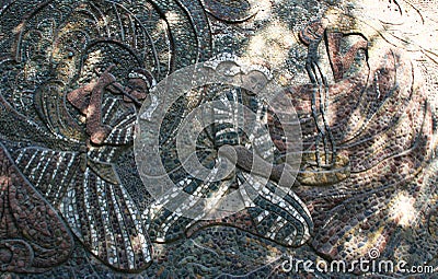 Detail of old antique traditional mosaic. Typical plot of street art of USSR period. Editorial Stock Photo