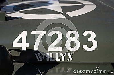 Detail of an old green Jeep Willys military SUV. star and inscription on the hood Editorial Stock Photo