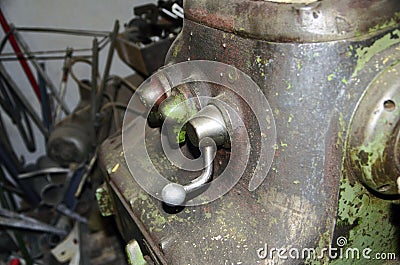 Detail of The Old lathe in the manufacture solution, the joystick . Selective Stock Photo