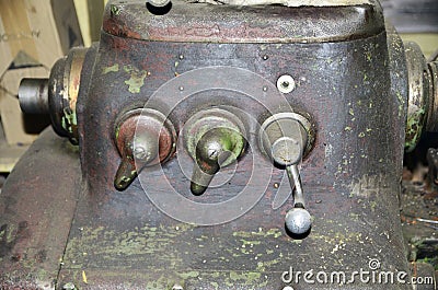 Detail of The Old lathe in the manufacture solution, the joystick . Selective Stock Photo