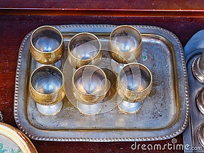 Vintage Metal Goblets on Tray, Athens Flea markets, Greece Stock Photo