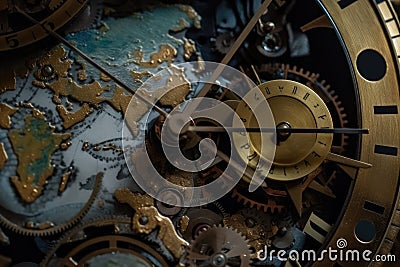 Detail of old watch mechanism with gears and world map. Generative AI Stock Photo