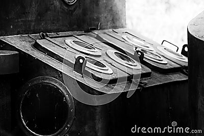 Steampunk old houseboat portholes Stock Photo