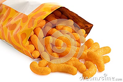 Detail of open packet of extruded cheese puffs spilling out on white Stock Photo