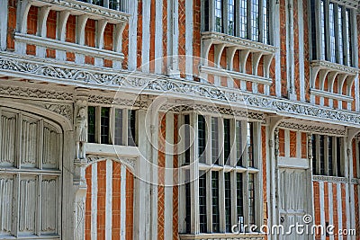 Detail of ornate timbered building Stock Photo