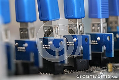 Detail photo of PCI graphics cards risers on cryptocurrency mining rig Stock Photo