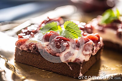 Detail of a piece of brownie with a cream, cherries and fresh mint leaves Stock Photo