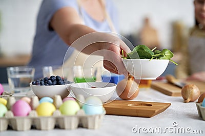 Close up of preparation natural dyes for coloring eggs Stock Photo