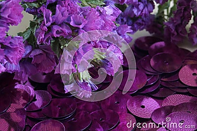 Detail of purple round sequins and purple dried flowers Stock Photo