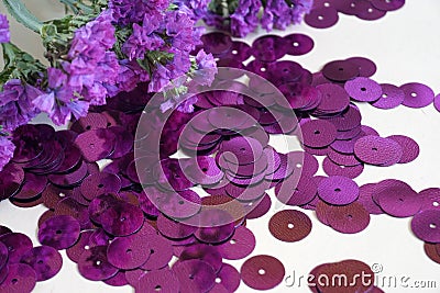 Detail of purple round sequins and purple dried flowers Stock Photo