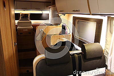 Detail of rear part from interior of campervan Sunlight i76 `Armanik` with two rear seats visible Editorial Stock Photo