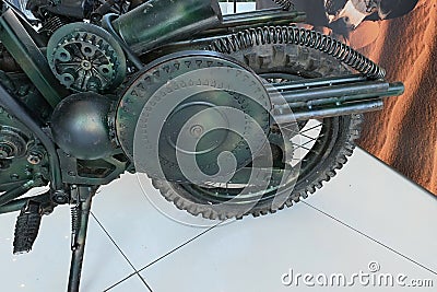 Detail of rear wheel of motorbike real life replica of motorbikes from postapocalyptic movie Mad Max - Fury Road Editorial Stock Photo